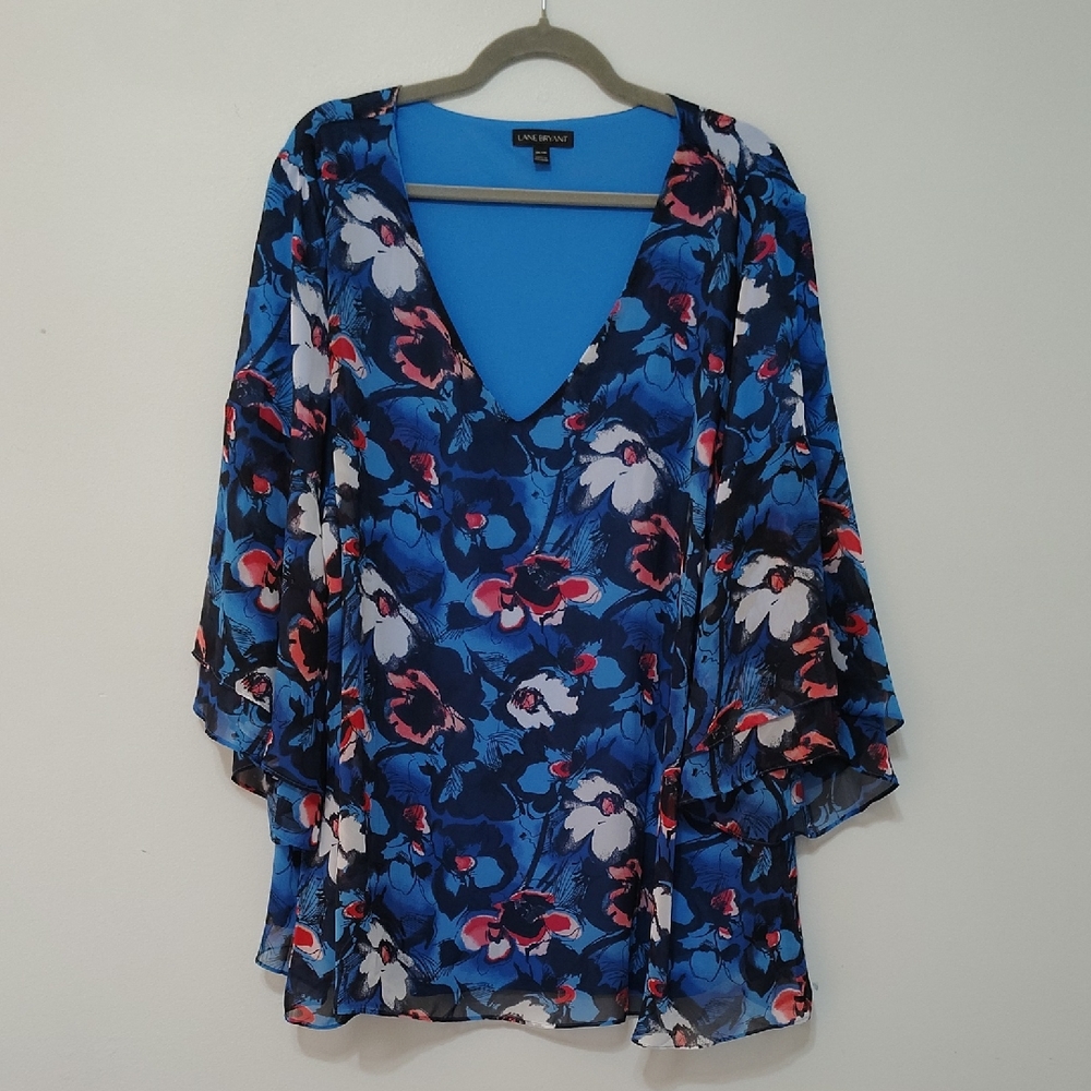 Lane Bryant Tunic Top Blouse Size 26/28 Abstract Floral Casual Fall Winter Blue